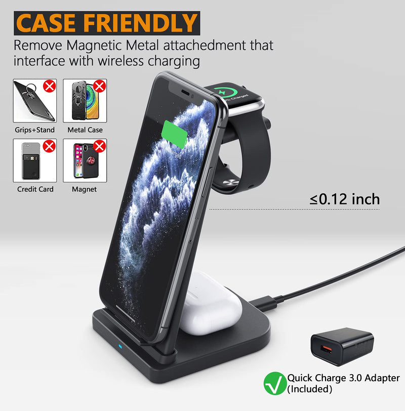 [Australia - AusPower] - 3 in 1 Wireless Charging Station, Qi-Certified 15W Fast Wireless Charger Stand for Apple Watch 5 4 3 2, AirPods Pro 2, iPhone 12 11 Pro Max Xs X Xr 8 Plus (with QC 3.0 Adapter) 