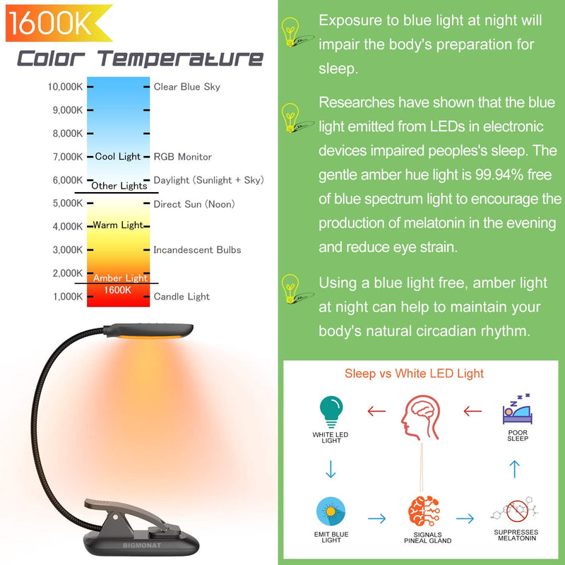 [Australia - AusPower] - BIGMONAT Book Reading Light,Rechargeable Amber Book Led Night Light,Portable Bendable Neck, USB or Battery Operated,Brightness Adjustable Reading Light,Reduces Eye Strain,Black 