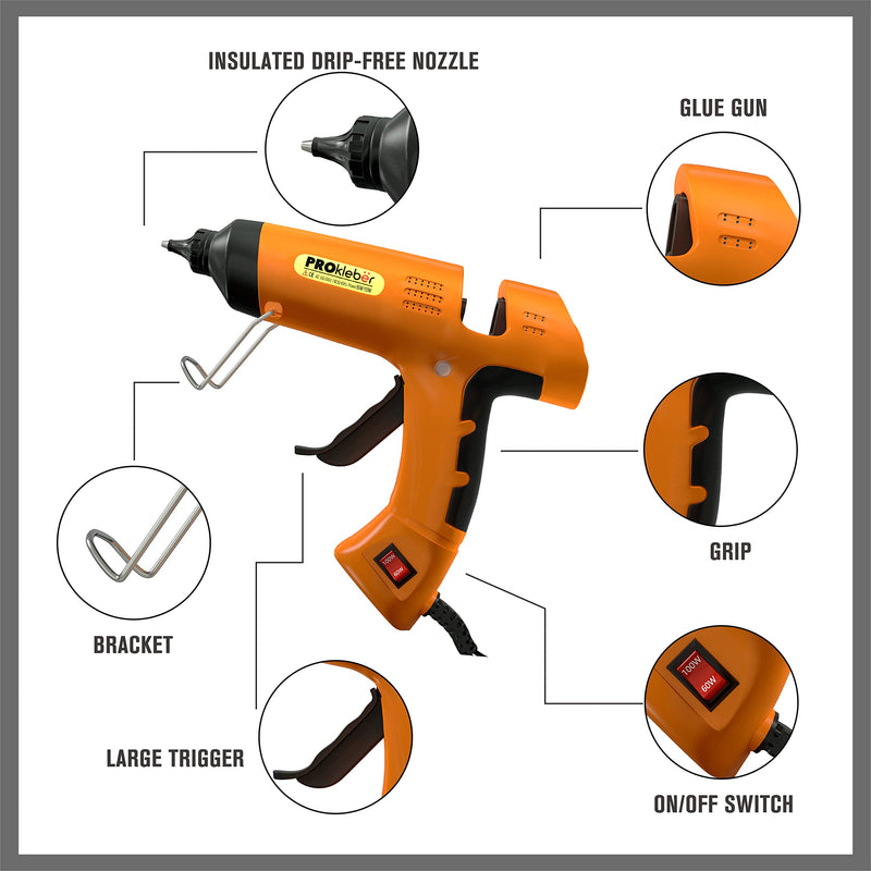 [Australia - AusPower] - PROkleber Hot Melt Glue Gun Kit Full Size (Not Mini) High/Low Temp Dual Power 60/100 Watt with 30 pcs Premium Glue Sticks for DIY Arts & Crafts Projects Sealing Quick Repairs Light and Heavy Duty Full Size Dual Temp 60/100W Orange/Black 