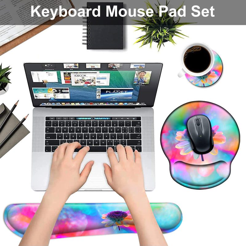 [Australia - AusPower] - Ergonomic Mouse Pad and Keyboard Wrist Rest Set, Non Slip PU Base Easy Typing Pain Relief Gaming Mousepad with Coaster 3-in-1 Combo for Computer Laptop Home Office, Pink Watercolor Flower 3 Pcs Set 