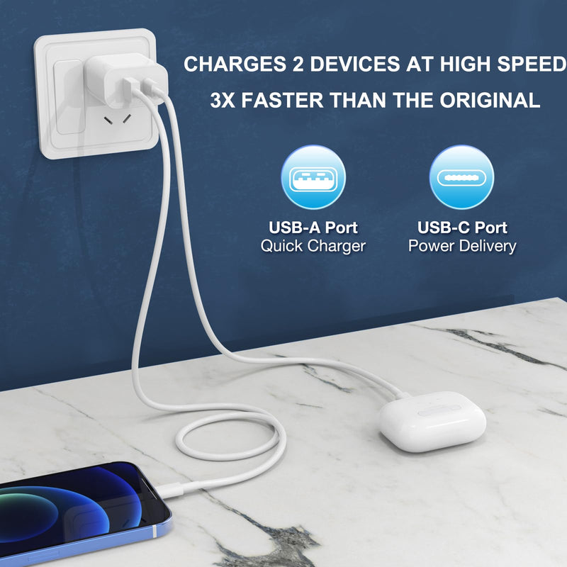 [Australia - AusPower] - 3 Pack USB C Charger Block [Apple MFi Certified], iGENJUN 20W Dual Port QC + PD 3.0 Power Adapter Wall Charger, Double Fast Plug Charging Brick for iPhone 14/14 Pro/13/12/11/XS, Samsung Galaxy - White 