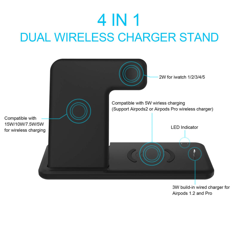 [Australia - AusPower] - LEXONIX 15W Wireless Charger Station, 4 in 1 Fast Wireless Charging Dock Stand for iPhone 11/11 Pro/11 Pro Max/Xs Max/XS/XR/8, Galaxy Note 10/10+/9, S10 S9 S8 Plus, Apple Watch, Airpods/Airdot (Black) 