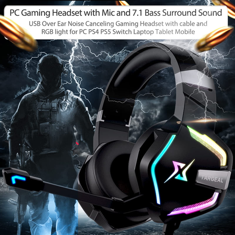 [Australia - AusPower] - targeal Gaming Headset with Microphone for PC PS5 PS4 Switch Laptop Mac, USB Wired 7.1 Surround Sound Gaming Headphones with Omni-Directional Noise Canceling Mic, RGB LED, Without Type C Cable SKY-917 