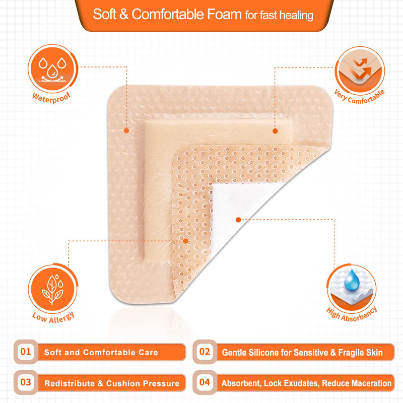 [Australia - AusPower] - Silicone Foam Dressing with Gentle Adhesive Border 6''x6'' 5 Pack, Painless Removal High Absorbency Waterproof Bed Sore Bandage for Pressure Ulcer, Leg Ulcer, Diabetic Foot Ulcer by EalionMed 6x6 Inch (Pack of 5) 