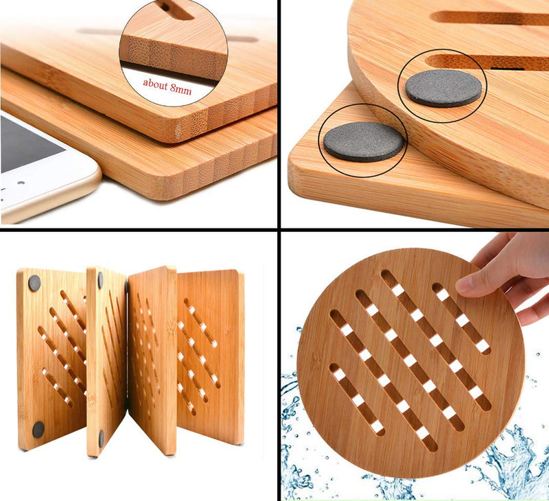 [Australia - AusPower] - Bamboo Trivet Kitchen Bamboo Hot Pads Trivet Natural Bamboo Trivet Mat Set for Hot Dishes/Pot/Bowl/Teapot/Hot Pot Holders 2 square 2 roundness 1 storage rack 