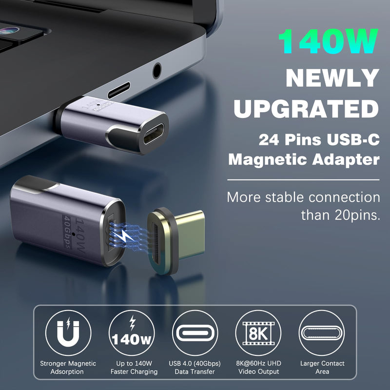 [Australia - AusPower] - MoKo 140W USB C Magnetic Adapter 2 Pack, 24 Pins Straight Magnetic USB C Adapter with PD Fast Charge USB4 40Gbps 8K 60Hz for Thunderbolt 3/4, MacBook Pro/Air/ROG Ally/Steam Deck/PS5 PSVR2, Straight 