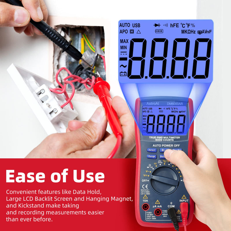 [Australia - AusPower] - AstroAI Digital Multimeter TRMS 6000 Counts Volt Meter Ohmmeter Auto-Ranging Tester; Accurately Measures Voltage Current Resistance Diodes Continuity Duty-Cycle Capacitance Temperature for Automotive 