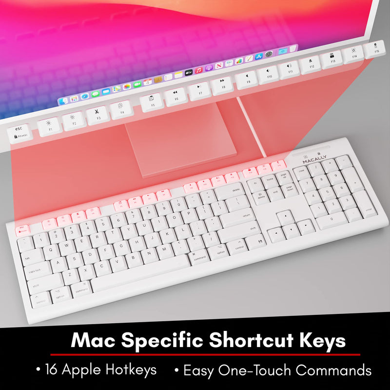 [Australia - AusPower] - Macally Full-Size USB Wired Keyboard for Mac Mini/Pro, iMac Desktop Computer, MacBook Pro/Air Desktop w/ 16 Compatible Apple Shortcuts, Extended with Number Keypad, Rubber Domed Keycaps - Spill Proof white 