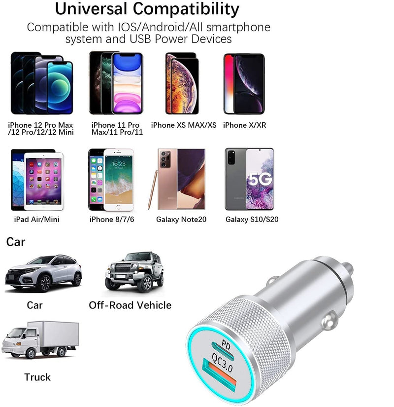 [Australia - AusPower] - [Apple MFi Certified] iPhone 38W Fast Car Charger, esbeecables Dual Port USB C Power Delivery All Metal Mini Lighter PD/QC3.0 Car Charger with 2 Pack Lightning Cord Compatible with iPhone/iPad/Airpods Titanium Silver 