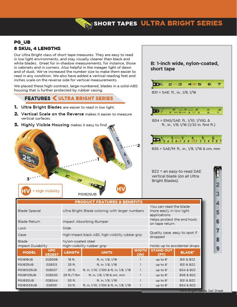 [Australia - AusPower] - Keson PG18M25UB Short Tape Measure with Nylon Coated Ultra Bright Steel Blade (Graduations: ft., in., 1/8 & cm, mm), 1-Inch by 25-Foot / 7.5M 25-Foot/7.5m ft, in, 1/8, 1/16 & cm, mm 