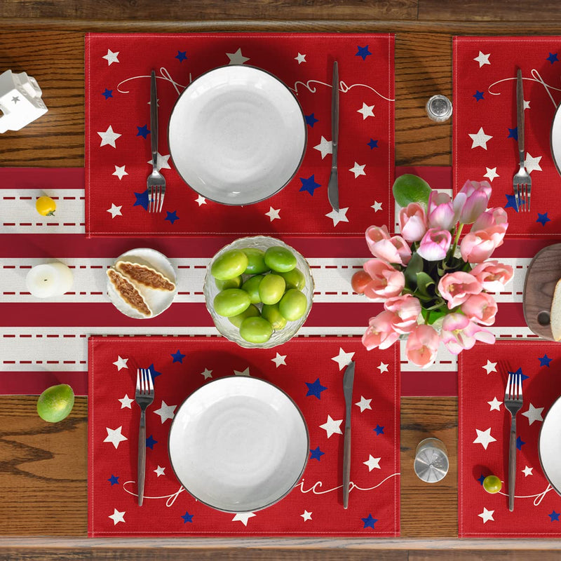 [Australia - AusPower] - Artoid Mode Red Blue Stars America 4th of July Patriotic Memorial Day Placemats for Dining Table, 12 x 18 Inch Summer Seasonal Holiday Rustic Vintage Washable Table Mats Set of 4 