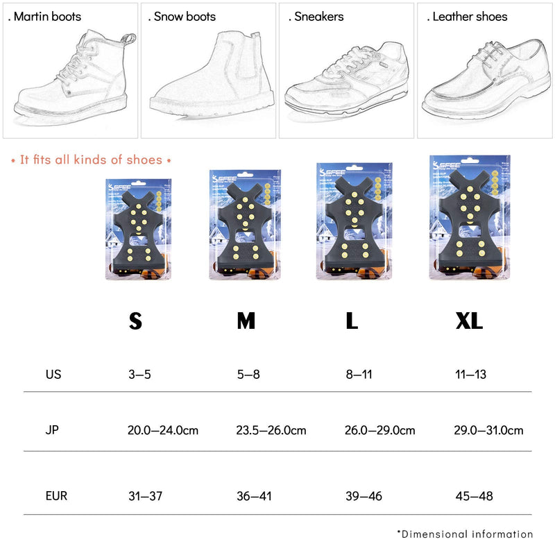 [Australia - AusPower] - Sfee Ice Cleats for Boots Shoes, Snow Grips Cleats for Ice and Snow Anti-Slip Rubber Traction Cleats for Walking on Snow and Ice 10 Steel Studs Crampons for Hiking, Walking, Climbing, Jogging Small - (Women(5-7)/Men(3-5)/EU:31-36) 
