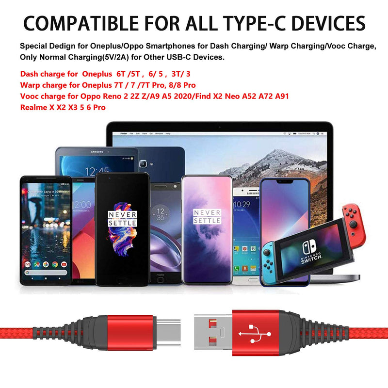 [Australia - AusPower] - Dash Charge Charger Cable Cord for Oneplus 8T/8 Pro/9/9 Pro/7T 7 6T 6 5 5T Nord N10 5G N100 N200,6A 30W Warp Charge Wire,Vooc Charging for Oppo Reno 4 Realme X2 X3 Pro,Fast USB Type C 1.8M+1.8M,Red 