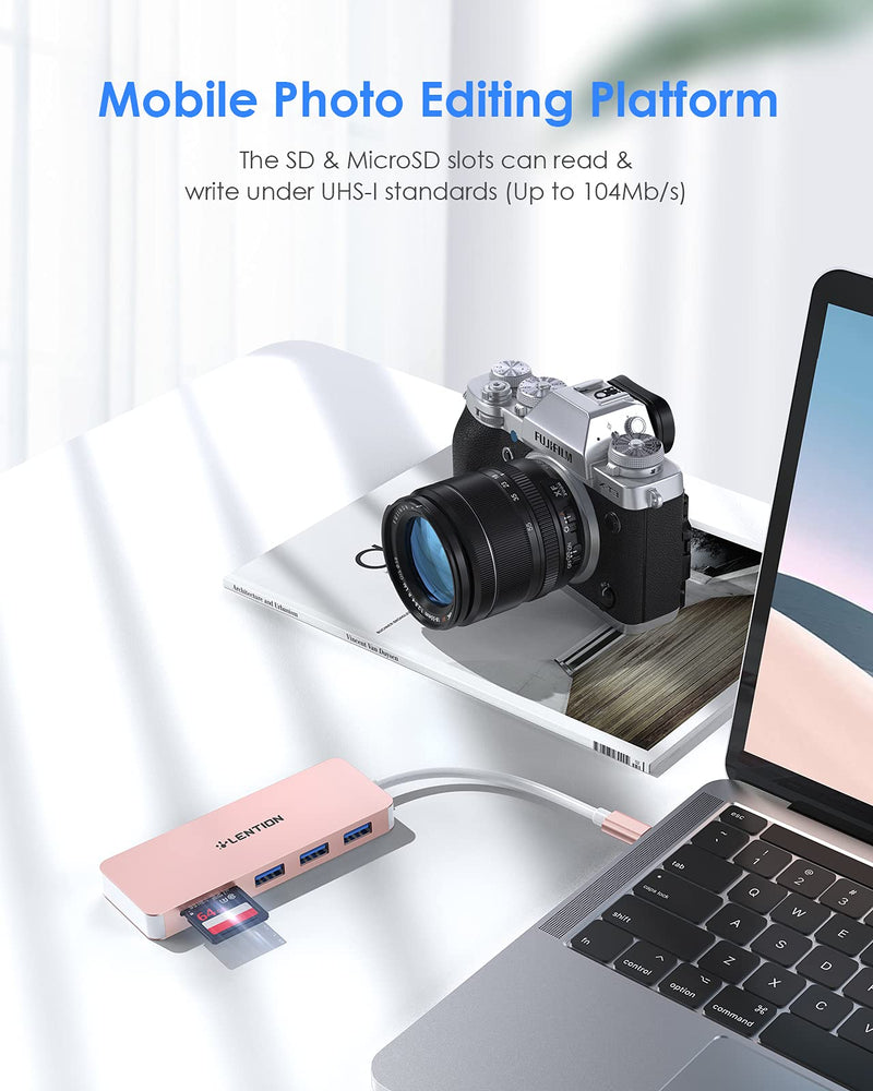 [Australia - AusPower] - LENTION USB C Hub with 3 USB 3.0 & SD/Micro SD Card Reader Compatible 2022-2016 MacBook Pro, New Mac Air/iPad Pro/Surface, More, Stable Driver Certified Type C Adapter (CB-C15, Rose Gold) 