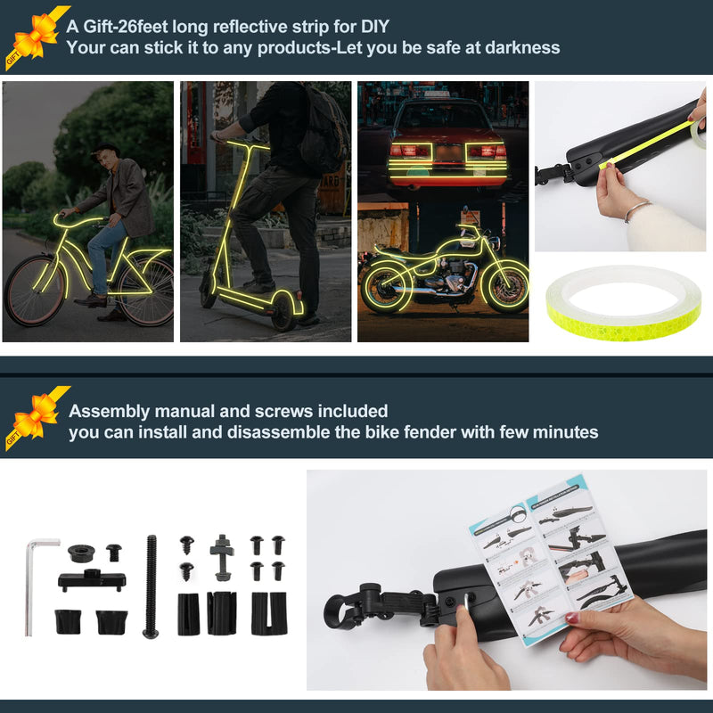 [Australia - AusPower] - Bike Fender Set with 26ft DIY Reflective Tape, Adjustable Bicycle Fenders for 22"/24"/26"/27.5", 3 Parts-Universal Full Cover Thicken Widen, Front/Rear Mud Guards Fit for MTB Mountain Road Bike 