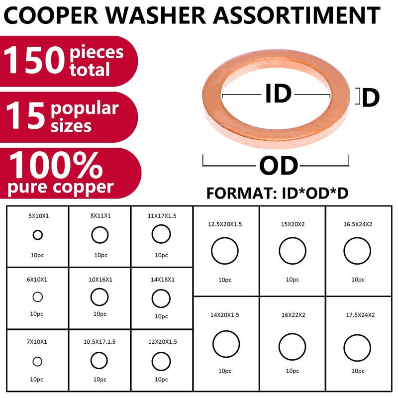 [Australia - AusPower] - Toolwiz 150PCS 15 Sizes Copper Metric Sealing Washers Assortment Set Flat Ring Sump Plug Oil Seal Gasket Sealing Washers Crush Washer Assortment M5/6/7/8/10/10.5/11/12/12.5/14/15/16/16.5/17.5 