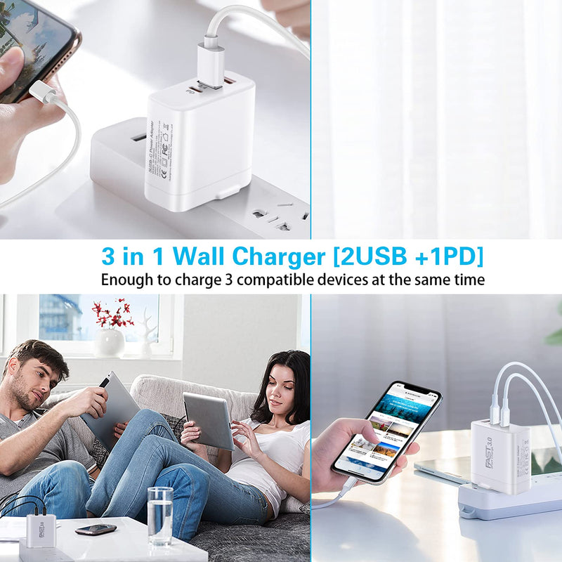 [Australia - AusPower] - USB C Charger 2Pack, iSeekerKit 30W 3-Ports Fast Type C Wall Charger with PD 3.0 + 5V/2.4A Foldable USB Block Plug Compatible for iPhone 13/12/ Mini/Pro Max/11/11 Pro Max/Samsung Galaxy/Pixel-White White White 