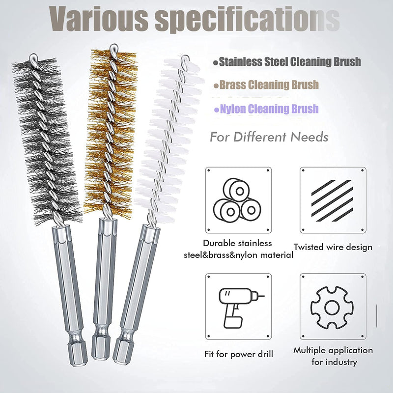 [Australia - AusPower] - 18 Pieces Steel Bore Brush in Different Sizes Twisted Wire Stainless Steel Cleaning Brush with Handle 1/4 Inch Hex Shank for Power Drill Impact Driver, 4 Inch in Length 