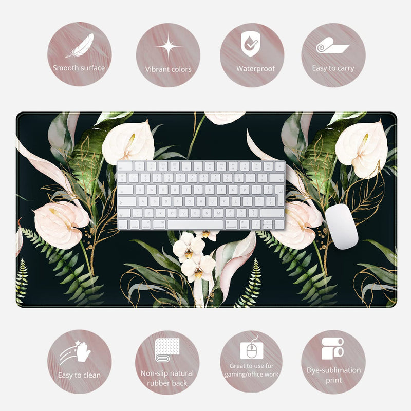 [Australia - AusPower] - Desk Mat Black and Gold White Rose Flowers Decor Large Keyboard Mouse Pad for Laptop Pc Setup Desk Cover Protector Desk DéCor for Office Home Work Gaming 31.5" X 15.7" Stitched Edge Non-Slip Design A Blue black 
