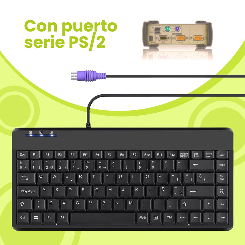 [Australia - AusPower] - Perixx PERIBOARD-409P ES Mini Teclado con PS2 Cable - 314x146x20mm - Negro - QWERTY Español 