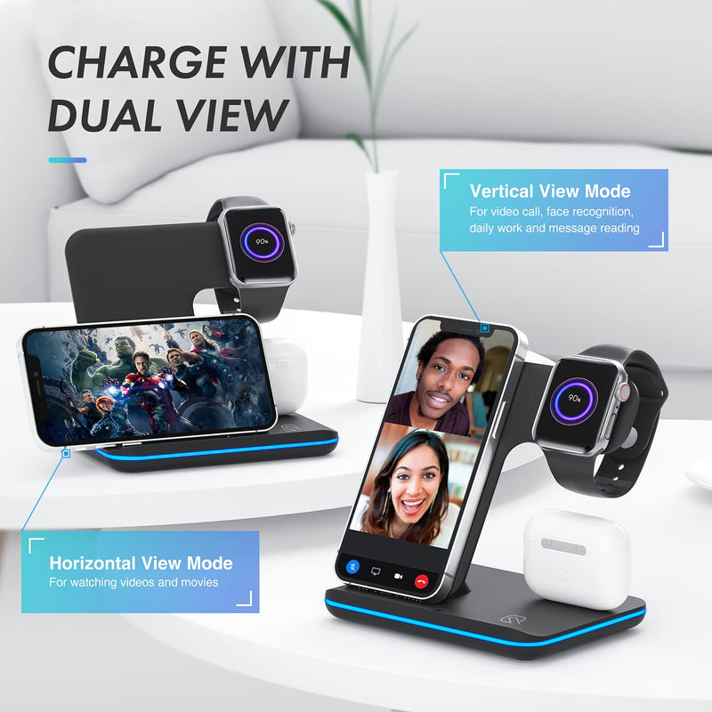 [Australia - AusPower] - Wireless Charger, 3 in 1 Fast Wireless Charging Station 15W QI Certified Wireless Charger Station for iPhone 13/13 Pro/13 Pro Max/12/X/XS Max /8/ iWatch Series 2/3/4/5 Airpods 2 with QC 3.0 Adapter black 