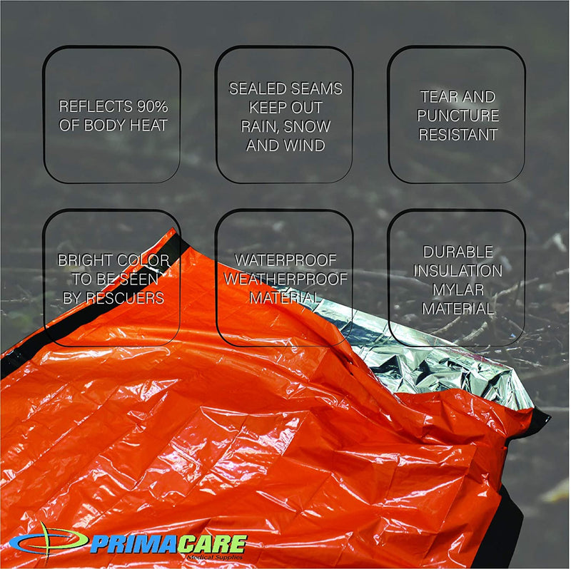 [Australia - AusPower] - Primacare CB-3684-2 Pack of 2 Emergency Sleeping Bags for Survival, Mylar Blanket/Tent Used for Emergency, Camping, Hiking, Hunting, Outdoors, Perfect for Medical First Aid Supply Kits, Adult, Orange 