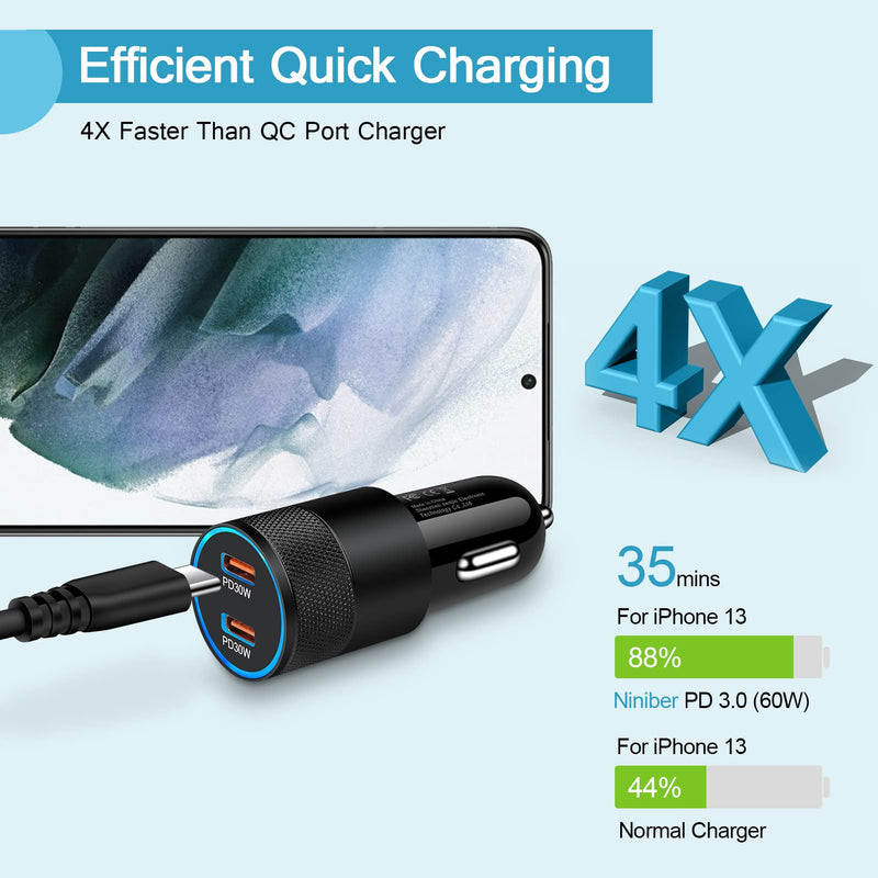 [Australia - AusPower] - Car Charger for iPhone 13 pro max Fast Car Charger Type C, 60W Car Charger Quick Charge 30, Fast Charging Car Cigarette Lighter for iPhone 12 11ProMax, Galaxy S21/S20 A21 A50 iPad, Android, Kindle 2pack-BlacK 