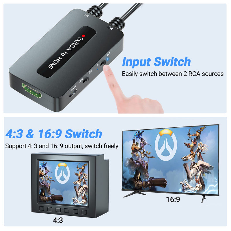 [Australia - AusPower] - Dual RCA to HDMI Converter Support 4 : 3/16 : 9 Aspect Ratio Switch, 2 Port AV to HDMI, Double RCA Composite to HDMI for Connecting Two RCA Devices to One HDTV to Avoid Frequent Plugging / Unplugging Dual RCA to HDMI 