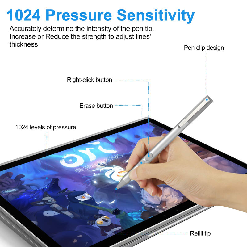 [Australia - AusPower] - ﻿Stylus Pen for Microsoft Surface Pro 7, Compatible with Surface Pro X/7/6/5/4/3, Surface Go 2/1, Surface Laptop 4/3/2/1, Surface Book 3/2/1, Surface Studio 2/1, Palm Rejection 1024 Pressure (Silver) Silver 