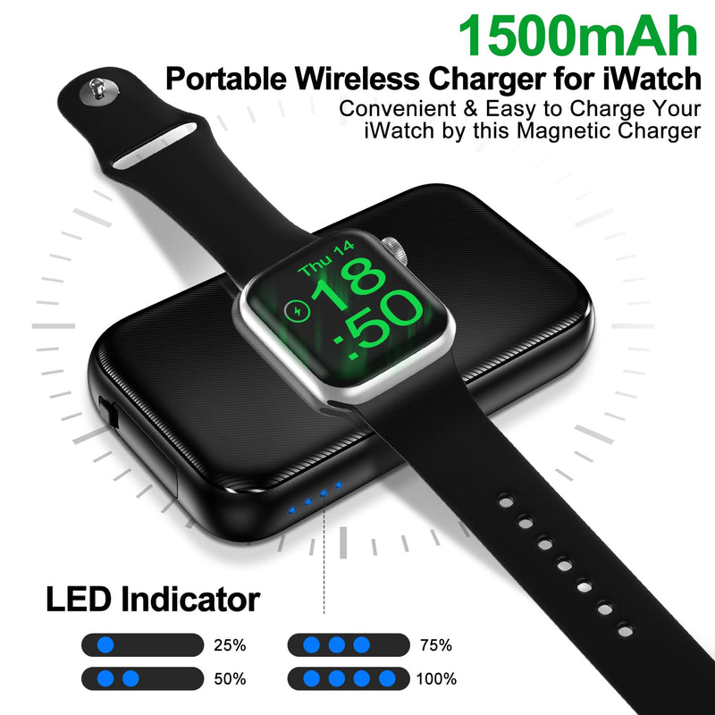 [Australia - AusPower] - 𝟮𝟬𝟮𝟯 𝐔𝐩𝐠𝐫𝐚𝐝𝐞𝐝 Portable iWatch Charger for Apple Watch Series 8/UItra/7/6/5/4/3/2/SE/,1500mAh Magnetic Wireless Charger Power Bank [IPX5 Waterproof] Travel Battery Pack-Black 