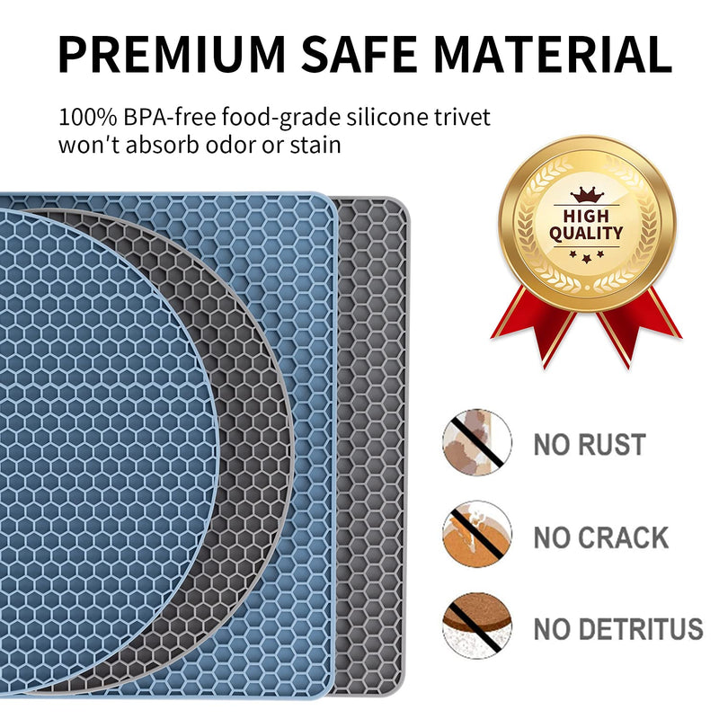[Australia - AusPower] - Silicone Trivet Mats, Silicone Pot Holders for Hot Pan and Pot Pads. Heat Resistant Counter Mats for Tables, Countertops, Spoon Rest and Large Coasters, 4 Pack Gray& Blue(2 Squared + 2 Round Mats) A-Blue, Gray 