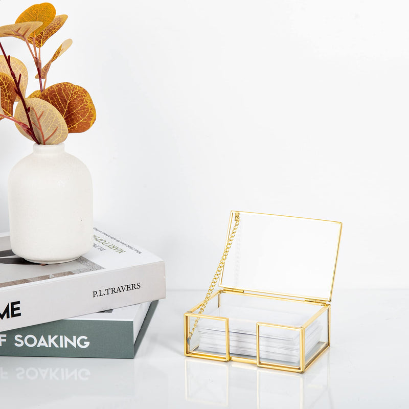 [Australia - AusPower] - Feyarl Clear Gold Glass Business Card Box with Lid Name Card Display Business Card Organizer Container Collection Cards Box Storage for Office Desktop CounterTop Meeting 