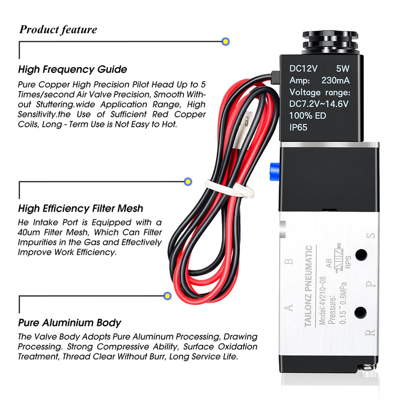 [Australia - AusPower] - TAILONZ PNEUMATIC 1/4"NPT Solenoid Valve 12V/24V/110V Single Coil Pilot-Operated Electric 2 Position 5 Way Connection Type 4V210-08 DC12V 
