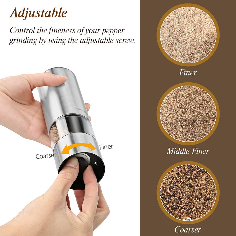 [Australia - AusPower] - SIMPLETASTE Electric Pepper Grinder Mill, Salt and Pepper Grinder Set with Automatic Operation and Adjustable Coarseness, Battery Operated, Stainless Steel, Set of 2 