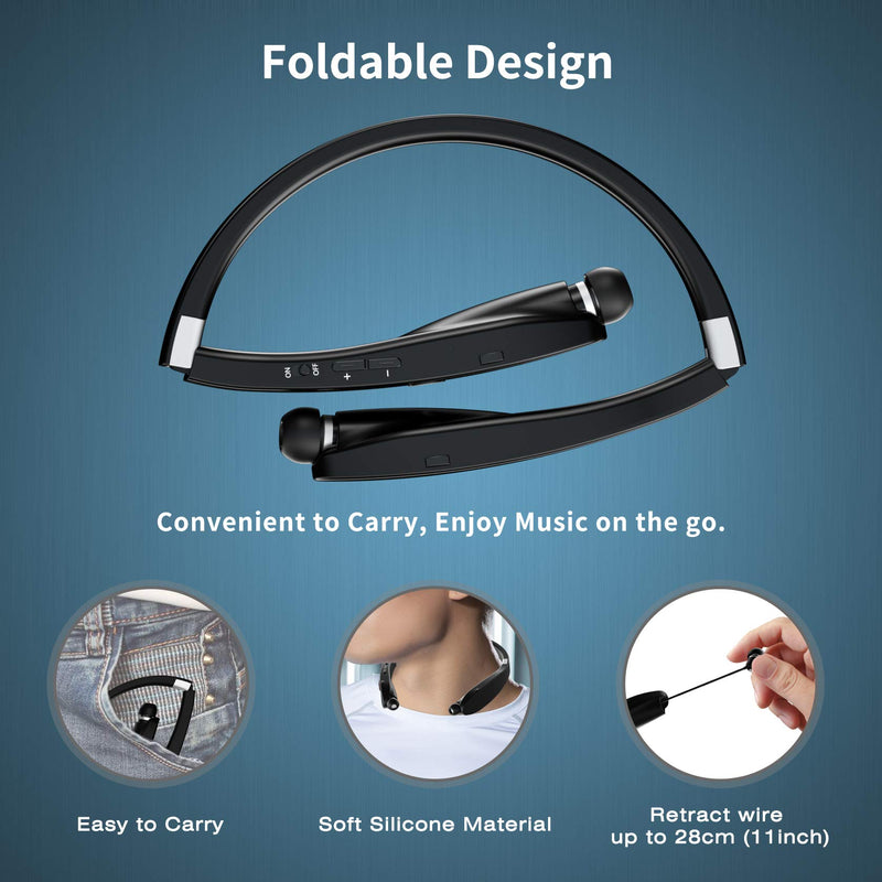 [Australia - AusPower] - AMORNO Foldable Bluetooth Headphones Wireless Neckband Headset with Retractable Earbuds, Sports Sweatproof Noise Cancelling Stereo Earphones with Mic Black 