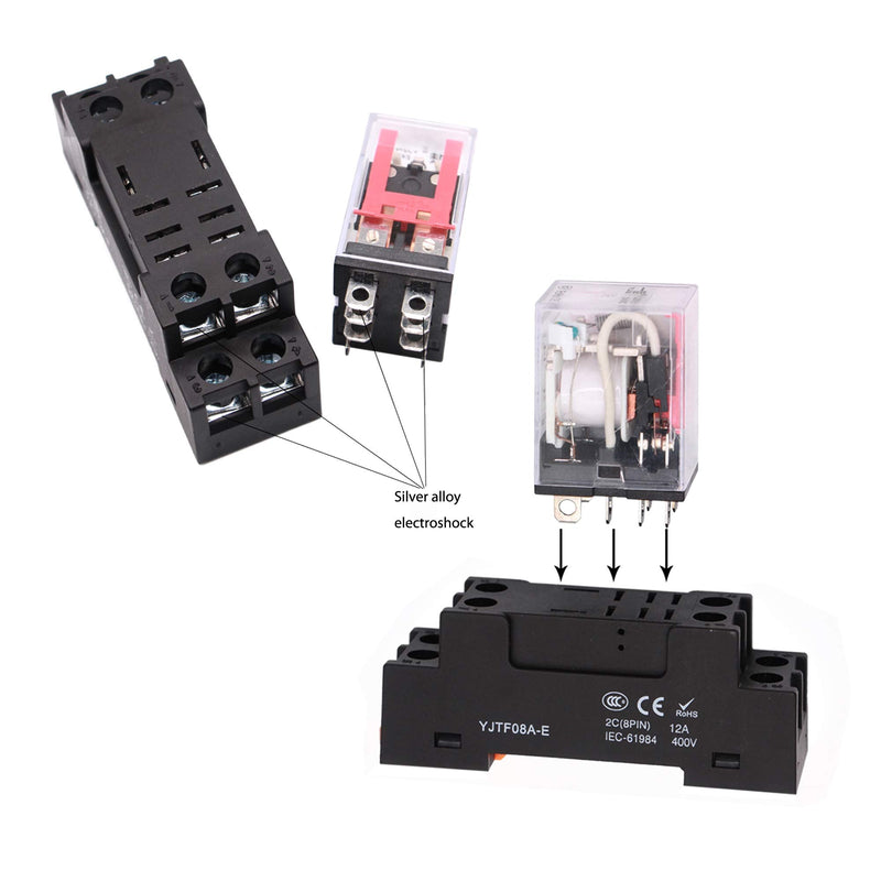 [Australia - AusPower] - Electromagnetic Power Relay, 8-Pin 10 AMP 12V DC Relay Coil with Socket Base, LED Indicator, DPDT 2NO 2NC - MY2NJ [Applicable for DIN Rail System] 12VDC 8Pin - High Current - 10A 