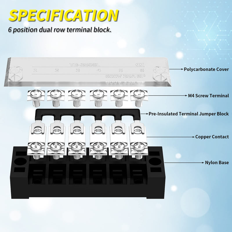 [Australia - AusPower] - Joinfworld 35A Terminal Block 6 Position Screw Terminal Strip Dual Row with Cover & 6 Position Pre-Insulated Terminal Jumper Block -2pcs 