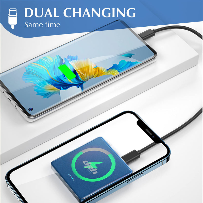 [Australia - AusPower] - DPH Mini Magnetic Wireless Charger Power Bank 10000mAh, Wireless Fast Charging 15W 20W USB-C with Dual Usage, Work Well 5mm Mag-Safe Phone Cases, Suitable for iPhone 12 &13 / Pro/Mini/Pro Max (Blue) Blue 