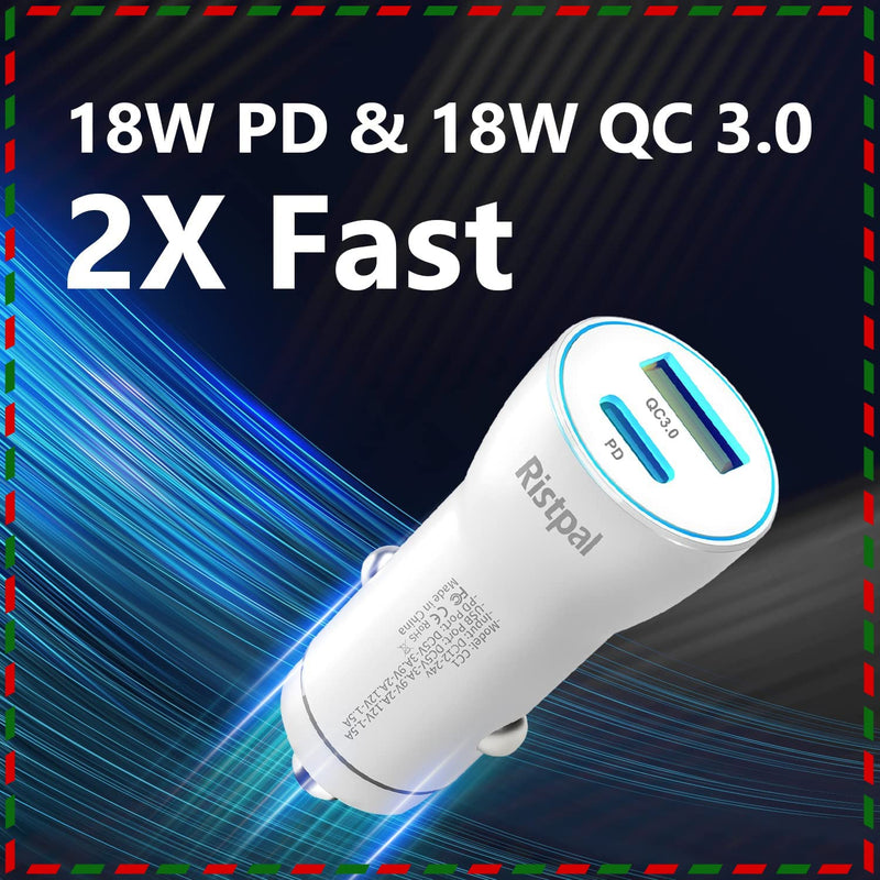 [Australia - AusPower] - Ristpal USB C Car Charger 36W, Dual Port PD 18W & USB 18W Quick Charging Plug, Accessories for Car, Cigarette Lighter Fast Adapter Compatible with iPhone 13/12/11/X Samsung Galaxy S21/20/10/9 - White 