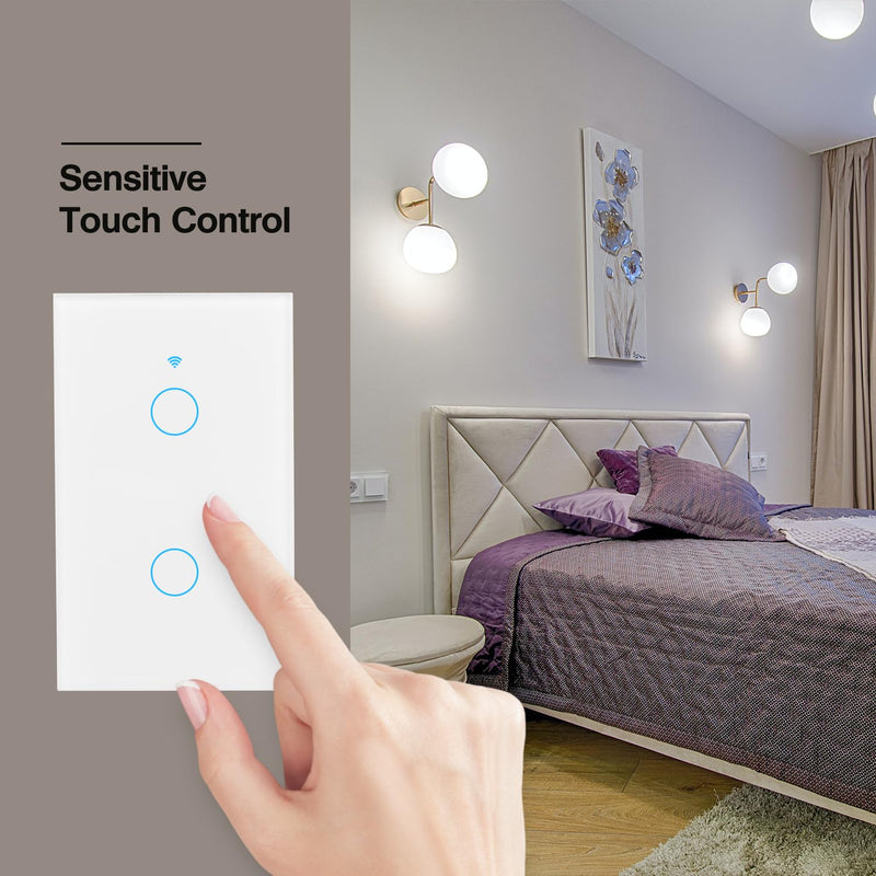[Australia - AusPower] - LOCIUN 2 Gang White WiFi Smart Light Switch, No Neutral Wire Needed, Tempered Glass Panel, RF433 Remote Control Smart Life/Tuya APP, Touch Switch Work with Alexa & Google Home, US Standard 
