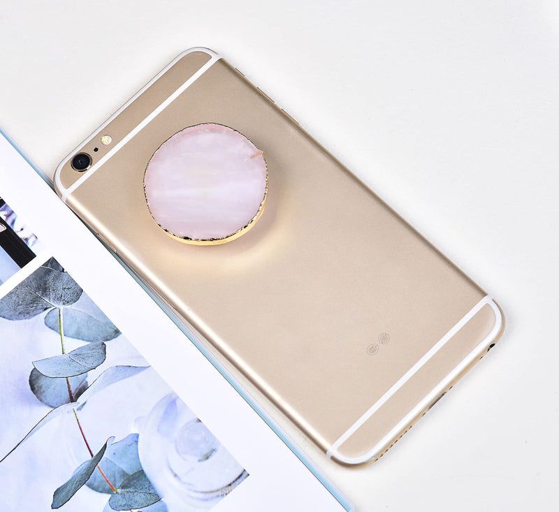 [Australia - AusPower] - Natural Rose Quartz Phone Grip Round Shaped Crystal Phone Stand for Phone and Tablet 