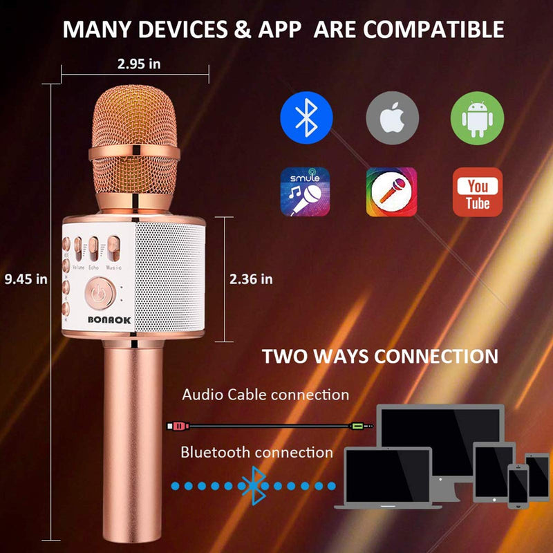 [Australia - AusPower] - BONAOK Wireless Bluetooth Karaoke Microphone, 3-in-1 Portable Handheld Mic Speaker Machine for All Smartphones, Gift for Girls Boys Kids Adults All Age Q37(Rose Gold) Rose Gold 