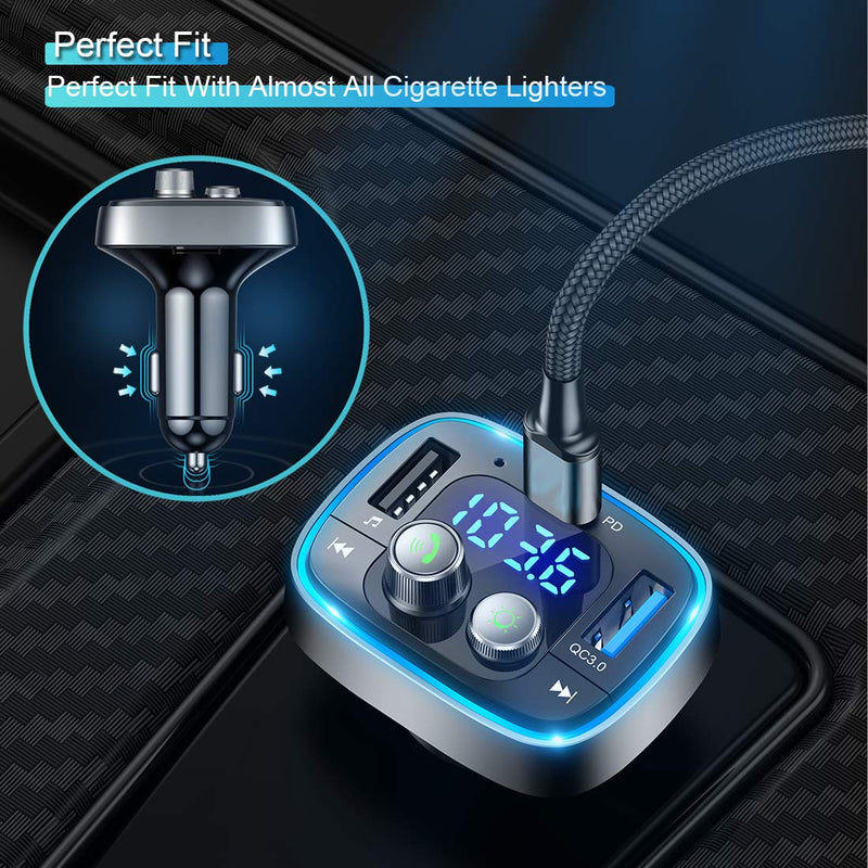 [Australia - AusPower] - Bluetooth Adapter for Car, Wireless FM Radio Transmitter, LIHAN Handsfree Calling & Audio Receiver, MP3 Music Player, QC3.0 & Type-PD USB Car Charger,7 Colors LED Backlit 