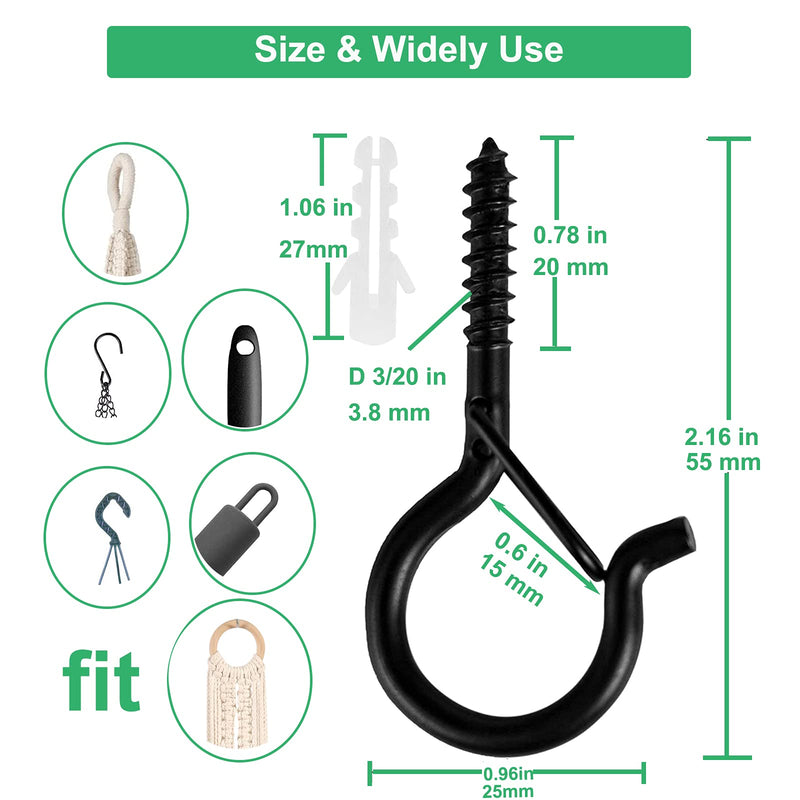 [Australia - AusPower] - Pack of 30 Screw Hooks for Outdoor String Lights, Q Hanger Outdoor Light Hooks with Safety Buckle, Windproof Ceiling Hooks for Hanging Christmas Lights, Fairy Lights, Plants and Cup, 2.2 Inches Black 6 Shaped Hooks 