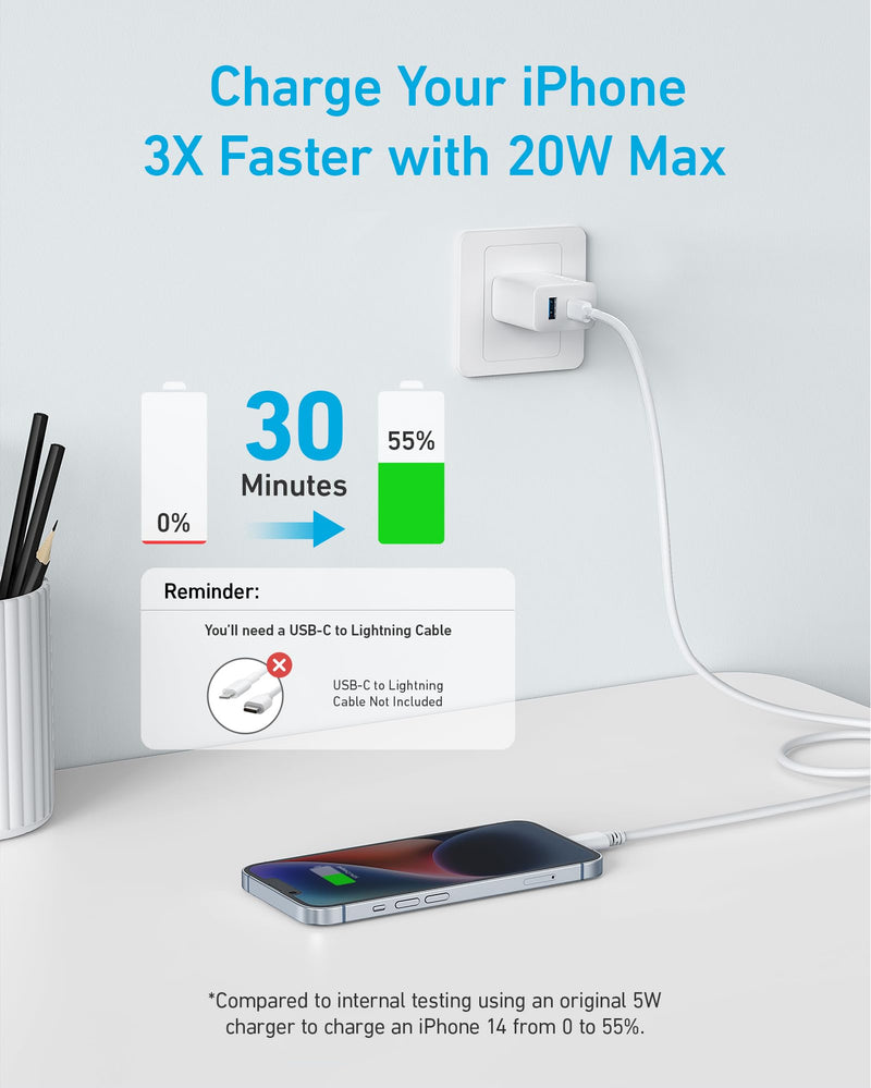 [Australia - AusPower] - USB C Charger, Anker 2-Pack 20W Dual Port USB Fast Wall Charger, USB C Charger Block for iPad Pro 12.9", iPad Pro 11", iPad Air 5/4, iPad 10, iPad Mini 6, and More (2-Pack 5 ft USB-C Cable Included) White 