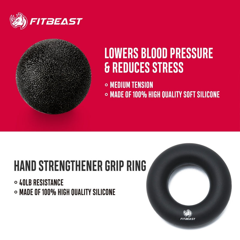 [Australia - AusPower] - FitBeast Hand Grip Strengthener Workout Kit (5 Pack) Forearm Grip Adjustable Resistance Hand Gripper, Finger Exerciser, Finger Stretcher, Grip Ring & Stress Relief Grip Ball for Athletes Black 