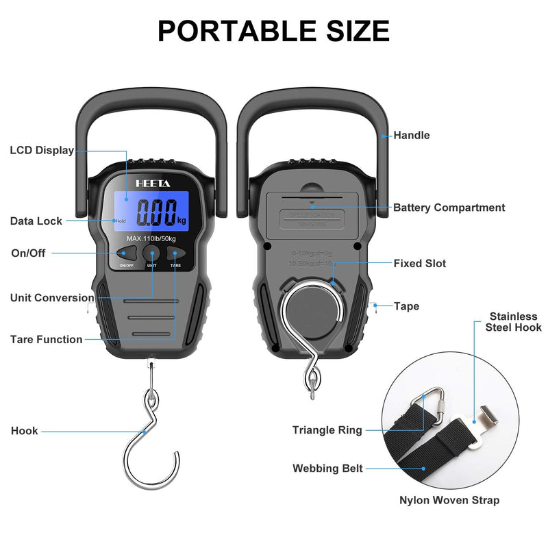 [Australia - AusPower] - HEETA Fish Scale with Backlit LCD Display, Digital Portable Hanging Scale Luggage Scale with Measuring Tape for Home and Outdoor, 2 AAA Batteries Included Black 