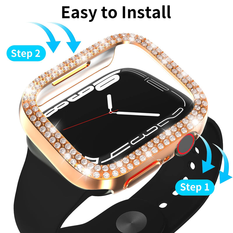 [Australia - AusPower] - Hooglny Hard PC Bling Rhinestone Case Compatible for Apple Watch Series 7 45mm, Shiny Crystal Diamond Protective Cover Bumper Frame for iWatch Series 7 [Without Screen Protector], 2 Pcs Clear/ Rose Gold 