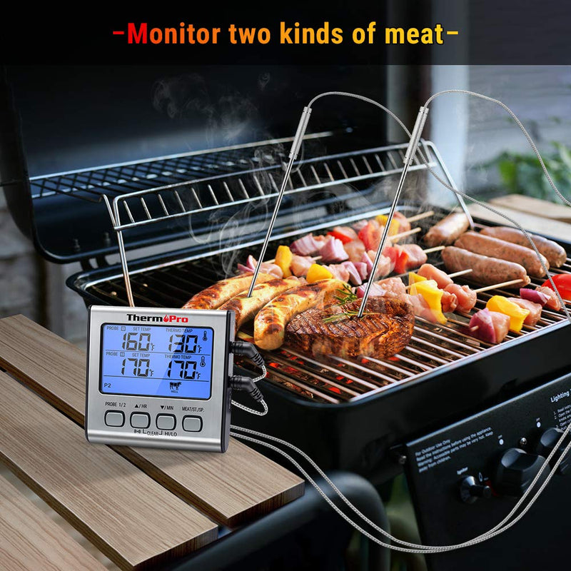 [Australia - AusPower] - ThermoPro TP-17 Dual Probe Digital Cooking Meat Thermometer Large LCD Backlight Food Grill Thermometer with Timer Mode for Smoker Kitchen Oven BBQ, Silver Light Silver 