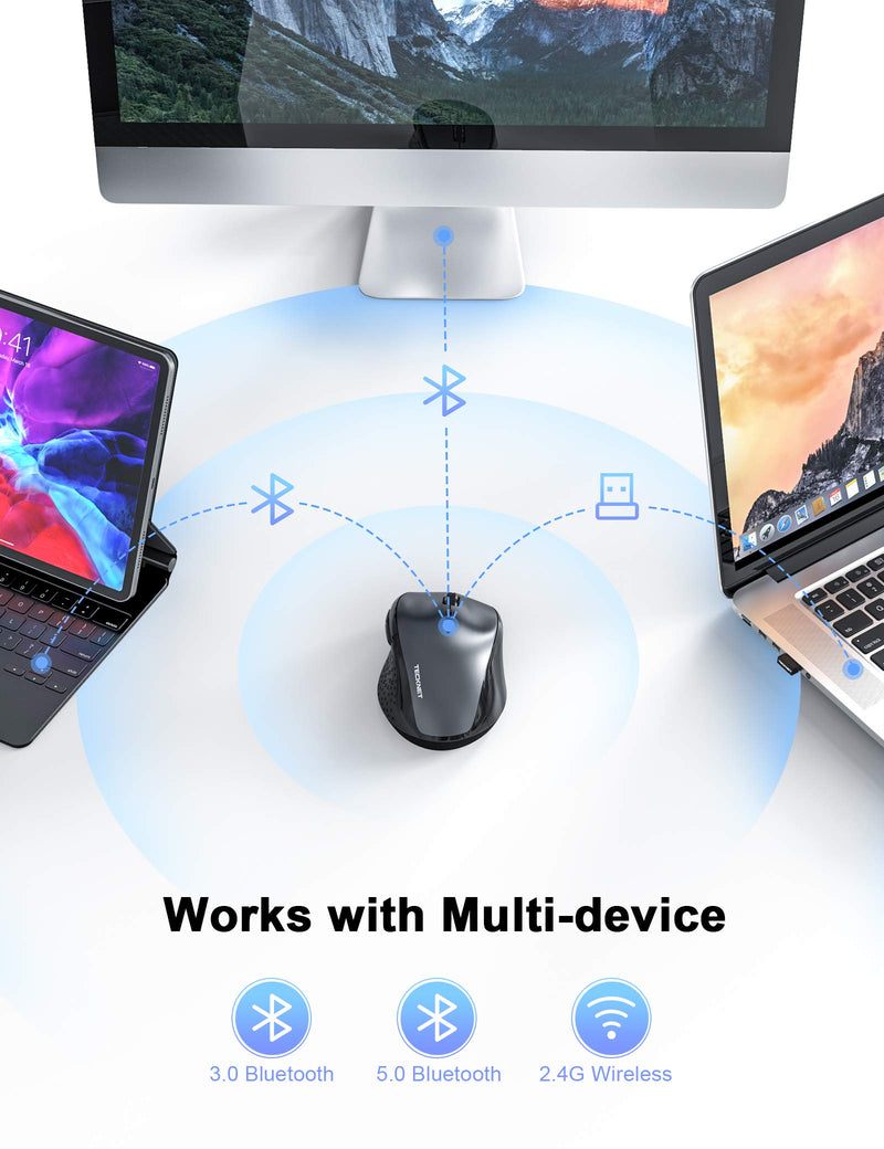 [Australia - AusPower] - TECKNET Bluetooth Mouse, Wireless Mouse Tri-Mode (BT 5.0/3.0+2.4Ghz) with Nano Receiver, Computer Mouse with 6 Adjustable DPI Levels and 6 Buttons for PC, Laptop, Windows Computer, MacBook black 